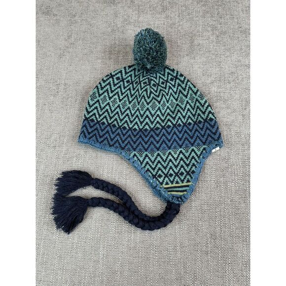 Smartwool Beanie Womens One Size Green Zigzag Hat Tassel Pom Merino Wool Knit - Picture 2 of 4